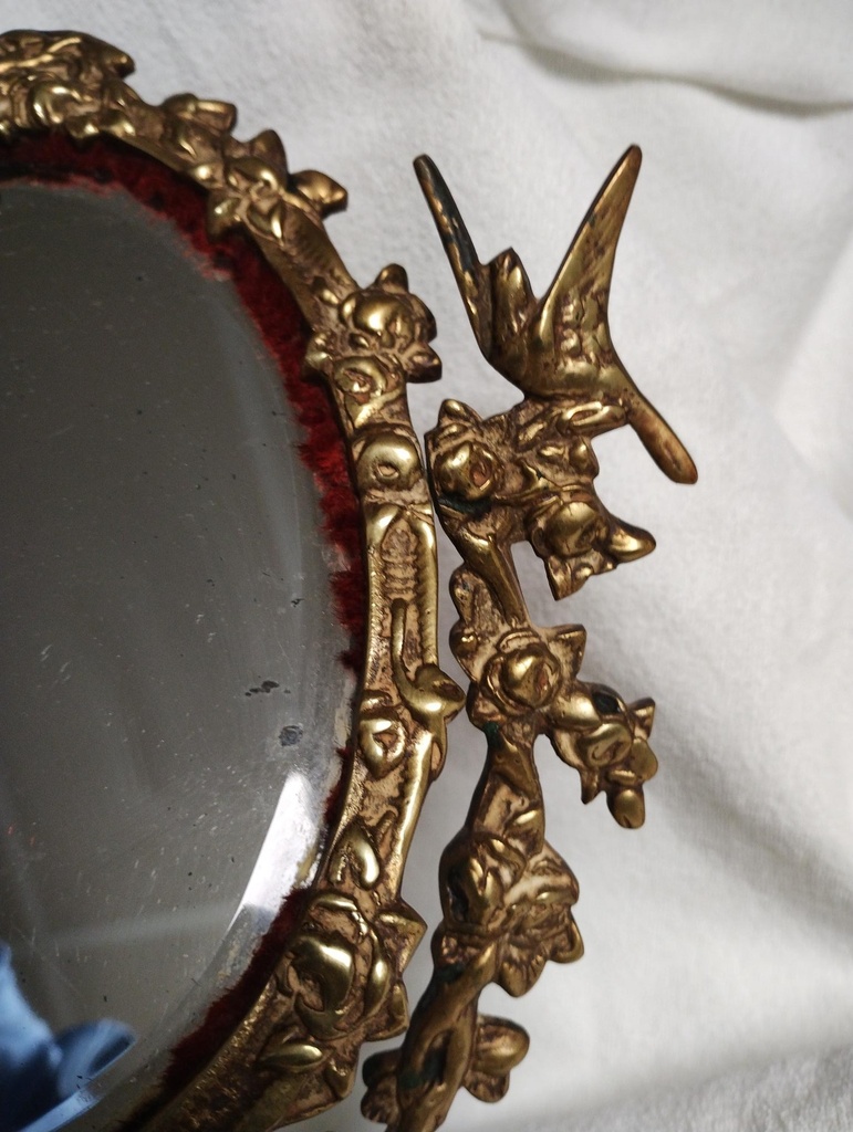 Miroir ancien baroque en laiton doré – Décor oiseaux & fleurs