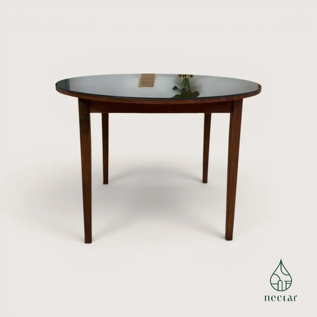 Table ronde allongeable en bois avec verre fumé