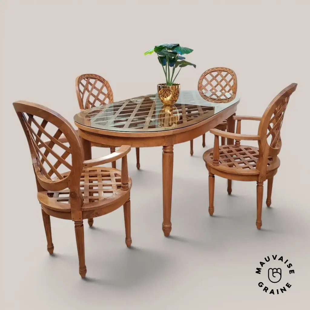 Ensemble ajouré table vitrée et 4 fauteuils 