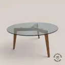 PROMO : Table basse ronde en verre avec trépied en chêne