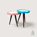 Paire de tables d’appoint vintage fleuries – Rose & turquoise
