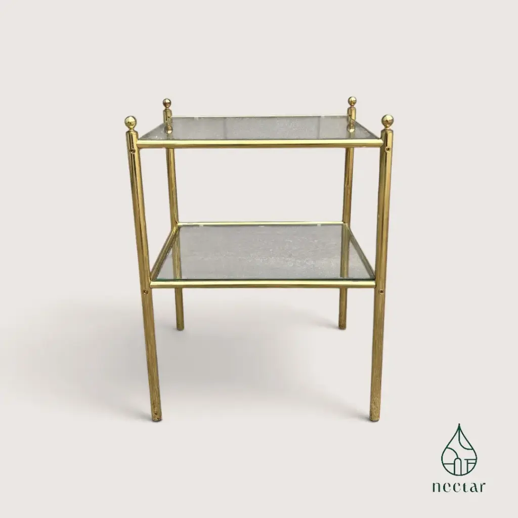 Table d’appoint vintage dorée & verre – Double plateau 