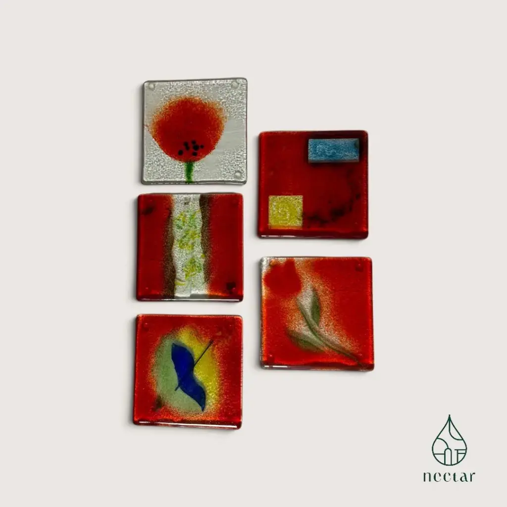 Lot de 5 dessous de verre colorés en verre fusionné – 10 × 10 cm