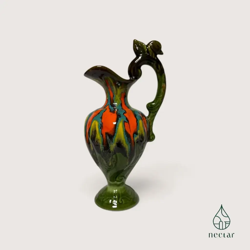 Grande aiguière vintage en céramique émaillée – Anse oiseau – 35 cm