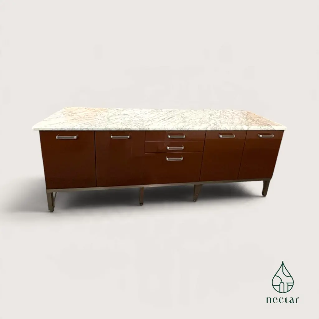 Grand buffet de cuisine vintage brun acajou – Plateau en pierre naturelle – Années 60/70