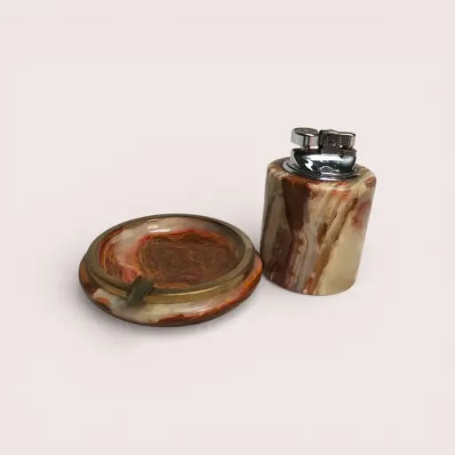 Set fumeur vintage en onyx : briquet de table & cendrier