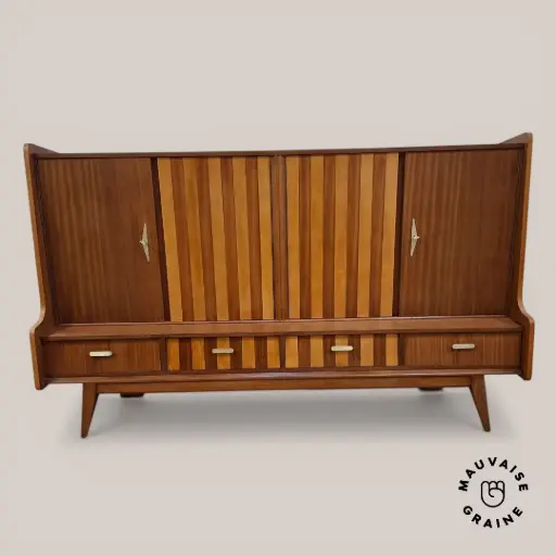 [LongHB_rayures-D-20260401] Long Highboard à rayures mid-century  