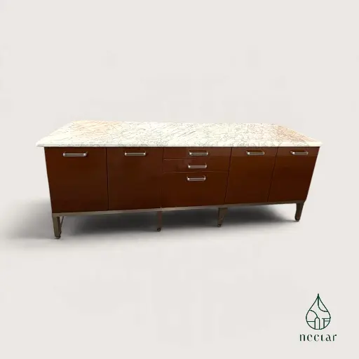 Grand buffet de cuisine vintage brun acajou – Plateau en pierre naturelle – Années 60/70